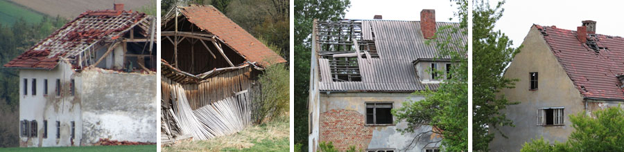 Vier Einzelbilder mit Gebäuden im unterschiedlichen Schädigungszustand